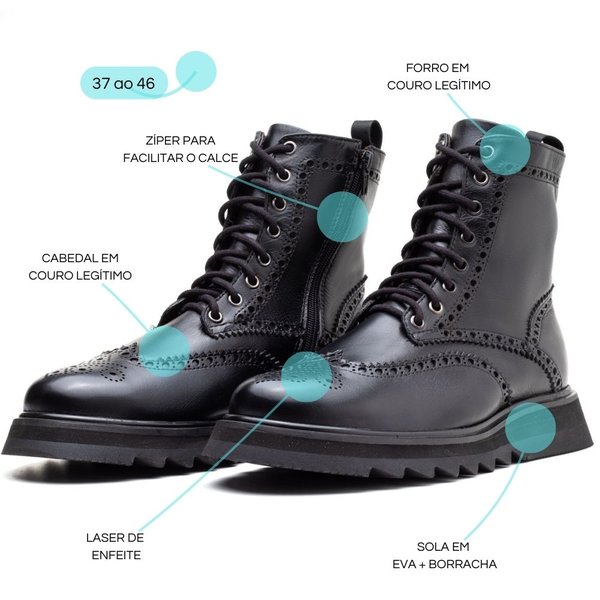Bota Masculina Oxford Brogue Donatello Avalon em Couro Preto - AVALON