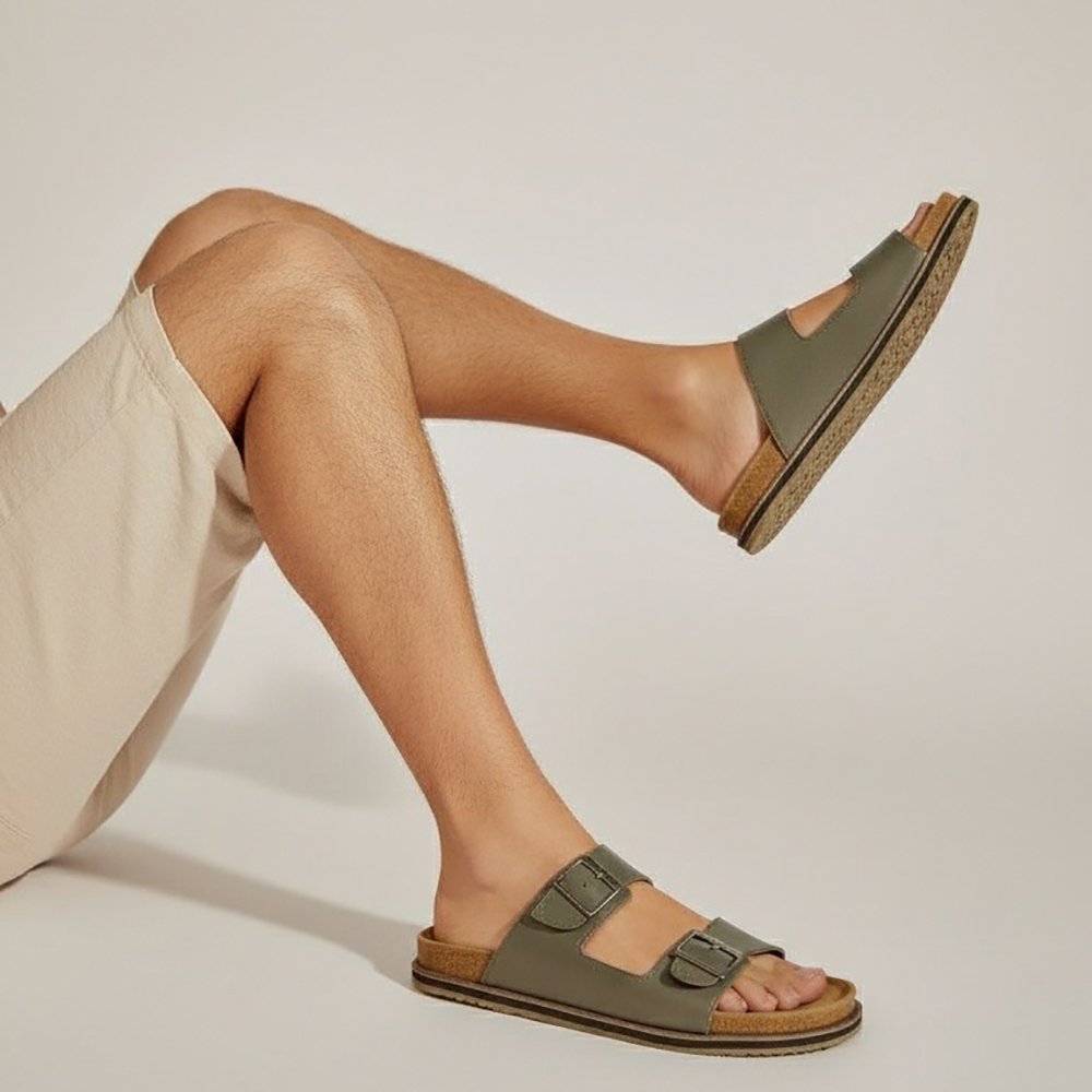 04 chinelo conforto toda couro walter avalon em couro verde militar